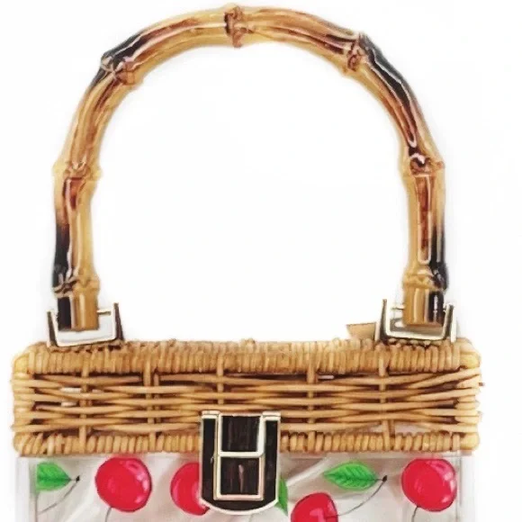 Red Cherry Acrylic Rectangular Wicker & Bamboo Top Handle Pinup Retro Purse Bag - Picture 3 of 8